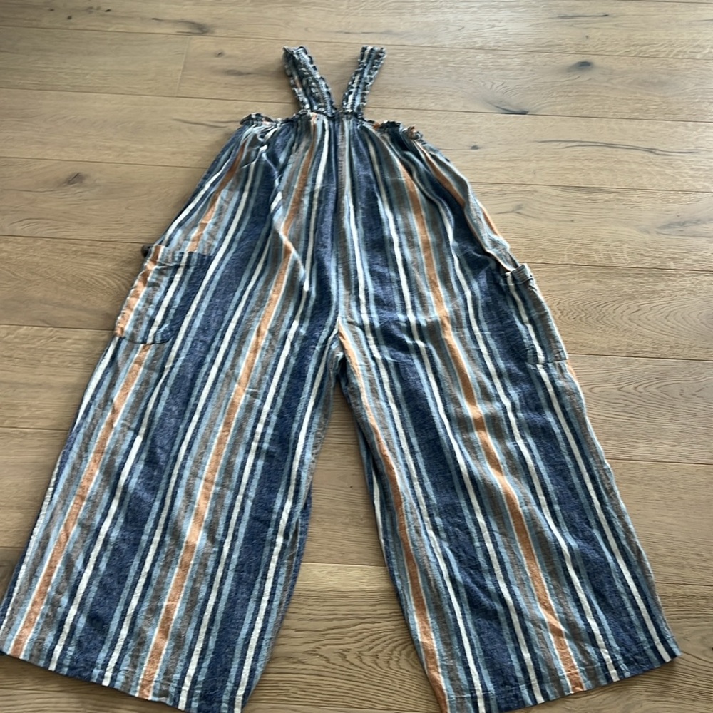 Current Air Linen Jumpsuit Stripe Wide Leg Ruffles Medium Loose Fit Slouchy